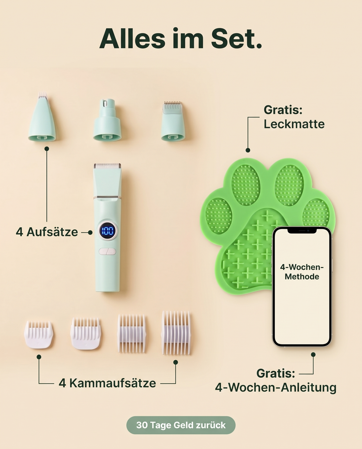 Pfotenruhe 4-in-1 Set – Pfotentrimmer, Krallenschleifer & Schermaschine